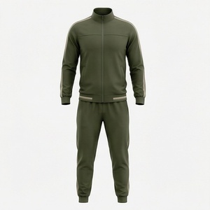 Survêtement vert olive pour homme, fermeture éclair intégrale, col montant, vêtements de sport décontractés avec poches latérales, matière respirante en polyester et coton - Product Image 1