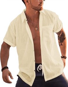 OEM Wholesale High-Quality 100% French Linen Men's Rolled Up Short Sleeve <b>Button</b> Up <b>Shirts</b> Linen Cotton Beach <b>Shirt</b> Tops - Product Image 3