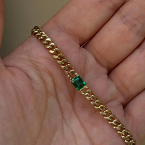 18K Gold Plated Figaro Chain Necklace With Emerald Cut Green Stone Bezel Set Unisex Hiphop Jewelry Gift - Product Image 1