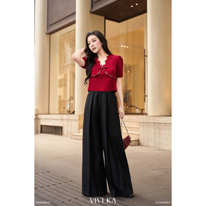 Plain Dyed Women's V-Neck Bow Detail Crop Blouse THETIS Vietnam VIVI KA Casual Spandex / Polyester <b>Balloon</b> Sleeve - Product Image 1