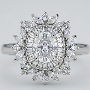 Oval Bridal <b>Ring</b> Halo Engagement Band Marquise and Baguette <b>Crystal</b> Wedding Jewelry for Women - Product Image 1