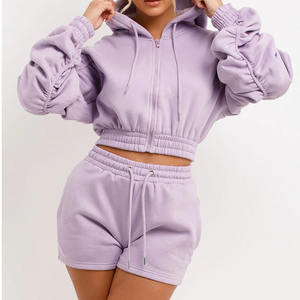 Novedad: Conjunto de Sudadera con Capucha y Cremallera de Manga Larga con Hombros Caídos y Pantalones Cortos de Algodón 100% French Terry para Mujer - Product Image 1