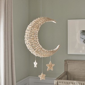 Décoration murale suspendue en rotin tressé à la main, écologique, en forme de croissant de lune et d'étoiles, pour chambre d'enfant, salle de jeux, baby shower, maison. - Product Image 1