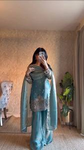 Blue Embroidered Silk Salwar Kameez Set Women Kurta Palazzo Dupatta Indian Pakistani Wedding <b>Dress</b> - Product Image 5