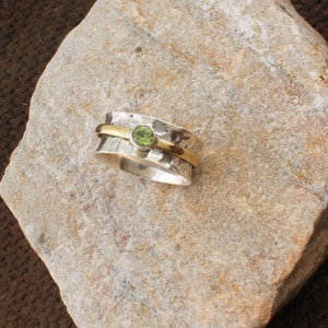 Natural Bezel Setting Two-Tone Gold Accent Meditation Anxiety Fidget <b>Spinner</b> <b>Ring</b> 925 Sterling Silver Hammered Band Unisex - Product Image 3