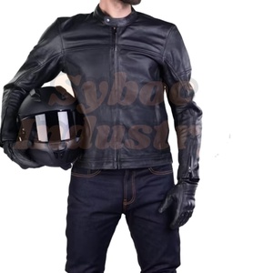 Chaqueta de moto de cuero auténtico negro para hombre con cierre de cremallera, chaqueta de moto de cuero con protección corporal certificada CE para motorista - Product Image 1