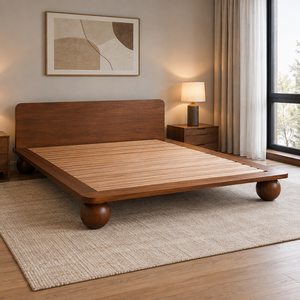 Lit plateforme en teck massif, cadre de lit en bois à profil bas avec pieds arrondis, mobilier de chambre moderne - Product Image 5