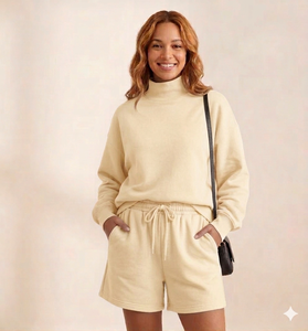 Women Fashion Mock Neck Shorts <b>Set</b> Winter Casual Outfit Soft Warm Comfortable Lounge Wear Elegant Daily Style - Product Image 1