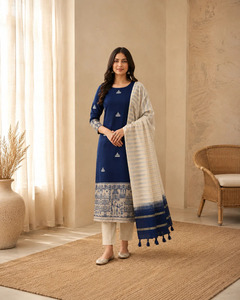 Unstitched Hand Embroidered Jamdani Cotton <b>Kurta</b> Set in Royal Blue <b>for</b> <b>Women</b> Available at wholesale Price - Product Image 1