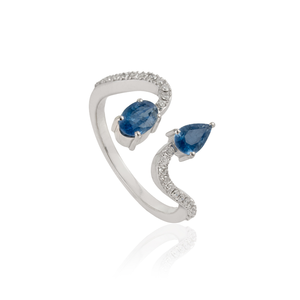 Anillo Toi et Moi Ondulado de Oro Blanco Sólido de 14K con Zafiro Azul y Diamantes, Novedad al por Mayor, Proveedor de Joyería Personalizada - Product Image 3
