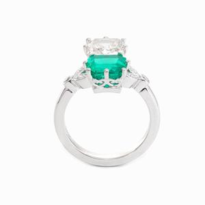 Premium 2ct Two-<b>Stone</b> Emerald Cut Lab Grown Diamond and Emerald Ring with Floral Accent 14K Solid Gold IGI Certified - Product Image 4
