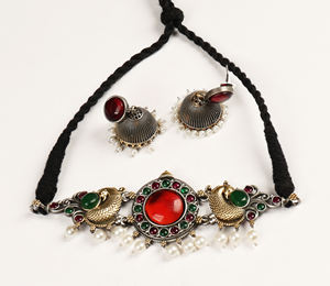 Conjunto de Collar y Pendientes con Motivo de Pavo Real, Chapado en Oro de Dos Tonos Oxidado, Estilo Antiguo, para Mujer, Joyería Tradicional de Templo - Product Image 1