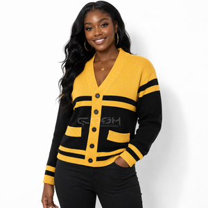 Cosh International Custom Logo Women's Yellow <b>Black</b> Contrast Color Knitted V-Neck <b>Long</b> Sleeve <b>Cardigan</b> <b>With</b> <b>Pockets</b> - Product Image 5