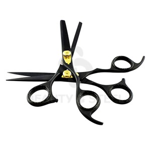 Ciseaux de coiffure professionnels noirs mats avec lames droites affûtées et vis de tension dorée élégante - Product Image 6