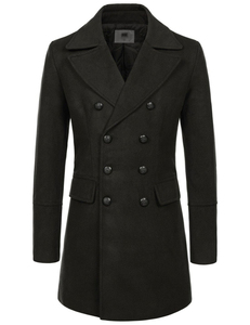 <b>Men's</b> <b>Black</b> Double Breasted Wool Overcoat Slim Fit Notched Lapel <b>Long</b> <b>Coat</b> - Product Image 3