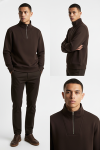 Sweat-shirt décontracté marron uni pour homme avec col montant et fermeture éclair quart de tour, manches longues, vente en gros - Product Image 2