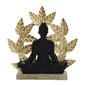 Escultura Metálica de Buda Meditando con Fondo de Hoja de Bodhi Dorada, Figura Decorativa Zen para el Hogar - Product Image 1