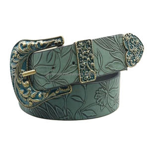 Hot Selling Flower Embossed hand carving Unisex Full Grain Western <b>Leather</b> <b>Tooling</b> <b>belt</b> antique brass buckle and Loop End - Product Image 2