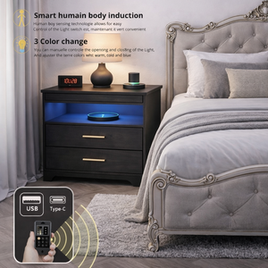 โต๊ะข้างเตียงอัจฉริยะพร้อมเซ็นเซอร์ตรวจจับความเคลื่อนไหว, พอร์ตชาร์จ USB และ Type-C, ไฟ LED 3 สี และช่องเก็บของแบบลิ้นชักที่มีระบบล็อค - Product Image 3