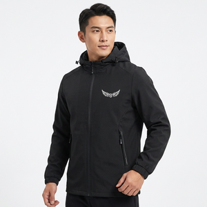Veste softshell noire à capuche pour homme, coupe-vent, fermeture éclair, style sportif, logo imprimé sur le devant, vêtement d'automne - Product Image 6