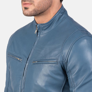 Blouson moto homme en cuir PU bleu, col montant, fermeture éclair, coupe ajustée, couleur unie, style streetwear, manches classiques, style automne - Product Image 5
