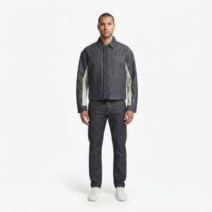 Veste en denim japonais en coton biologique pour homme avec empiècements en toile de voile recyclée, articulation pour une mobilité accrue, délavage à la pierre - Product Image 1