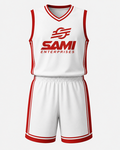 Basketball Uniform Set White <b>Red</b> Sublimated Mesh Jersey Shorts Unisex Adult Athletic Wear - Product Image 1