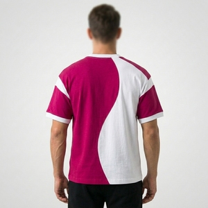 T-shirt décontracté pour homme à manches courtes, col rond, tricoté, coupe classique, respirant, design uni blanc et magenta, color-block - Product Image 3