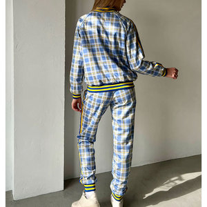 Conjunto Deportivo a Cuadros para Mujer, Manga Larga, Cierre Frontal con Cremallera, Pantalones Casuales con Bolsillos Laterales, Transpirable, de Poliéster, para Otoño - Product Image 4