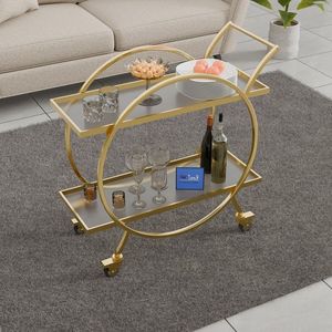 Stylish Gold Finish Iron Bar <b>Trolley</b> with Glass Shelves Rolling <b>Serving</b> Cart Home Kitchen Dining Beverage Organizer and Display - Product Image 1