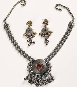 Antique Two Tone Gold Silver Plated Statement Necklace with Dangle Earrings <b>Indian</b> Wedding <b>Jewelry</b> <b>Set</b> - Product Image 1