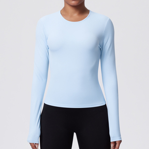 <b>Pink</b> Long Sleeve Yoga <b>Top</b> Stretch Workout Tee Crew Neck Fitness Shirt for Women - Product Image 3