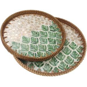 Bandeja de mimbre, adornos decorativos, bandeja redonda de almacenamiento, plato de frutas con conchas coloridas, bandeja de diseño creativo para té, café y aperitivos - Product Image 3