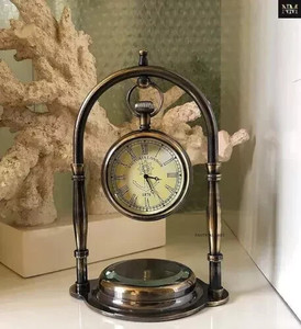 Luxury Brass <b>Desk</b> <b>Clock</b> with Compass Wooden Base Antique Style Home Office Decor <b>Clock</b> - Product Image 4