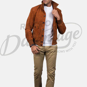 Chaqueta Bomber de Cuero de Ante Color Bronceado para Hombre, de Piel de Oveja Auténtica, Ajuste Delgado, Estilo Casual Moto Racer, con Cremallera y Puños Acanalados - Product Image 5