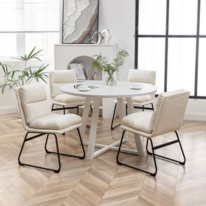 Innes 5-Piece Round <b>Dining</b> Set Stylish Vanilla <b>White</b> Trestle Table with 4 <b>Chairs</b> for <b>Dining</b> Room - Product Image 1