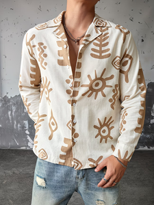 Chemise en lin imprimée à manches longues, boutonnée, décontractée, pour homme, en coton, à col - Product Image 4