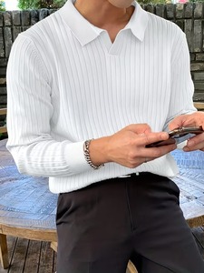 Camiseta de punto acanalada de manga larga para hombre, estilo casual, cuello solapa sin botones, ajuste slim, textura texturizada, color liso, diseño personalizado ODM. - Product Image 3