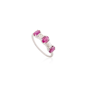 Nouveautés, bague à trois pierres en or blanc K14 100% authentique avec rubis et diamants, pour femmes, cadeau de demoiselle d'honneur, bijoux empilables - Product Image 3