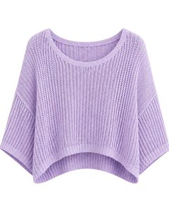 Pull court en tricot ample pour femme, couleur lavande, manches courtes, léger et respirant, idéal pour l'été, style décontracté et tendance - Product Image 3
