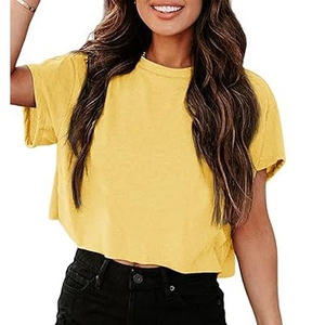 T-shirts courts à manches courtes, col rond, 100% coton respirant, couleur jaune, fabrication pakistanaise, pour filles, faible quantité minimum de commande. - Product Image 1