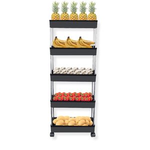 Chariot de rangement multifonctionnel pliable noir à 4 niveaux en ABS, léger, avec roulettes, finition peinture laquée, pour salon et utilisation générale - Product Image 5