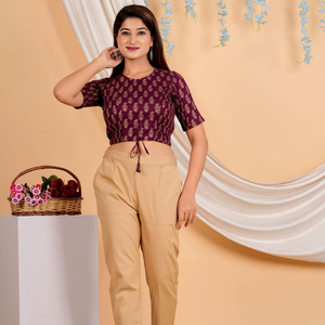 Cotton Gold Print Anarkali Kurta And Golden Floral Regular <b>Blouse</b> Collection Ethnic Women Clothing Stylish Festive Casual Wear - Product Image 1