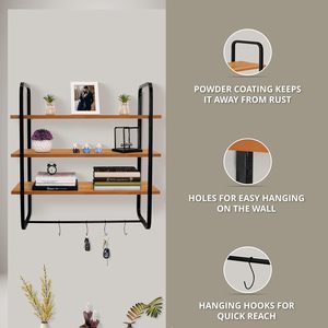 Modern Wooden Wall Shelf with Metal <b>Frame</b> 3-Tier <b>Floating</b> Bookshelf for Home Living Room Bedroom Display with Key Hooks - Product Image 5