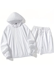 Men's White Polyester Hooded Jacket Shorts <b>Set</b> Casual Autumn Breathable Quick Dry Sportswear <b>Knitted</b> Printed Nonwoven 220g - Product Image 3