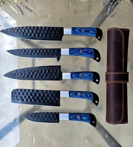 Ensemble de 5 couteaux de cuisine, finition martelée, bord droit, manche en bois bleu - Product Image 5