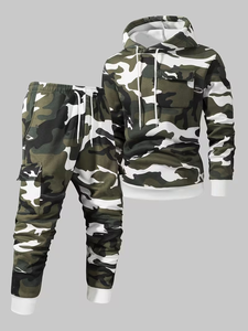 2pcs Solid Terry Fabric Quick Dry 100% Cotton Multi Pocket Sports Fashionable Casual Hooded Two-Piece Set Men's Winter - Product Image 2