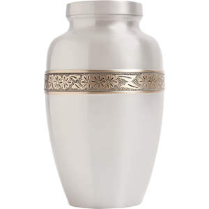 Ivory White Metal Cremation <b>Urn</b> for Ashes with Floral Band Adult Memorial <b>Urn</b> for Funeral and Home Display - Product Image 1