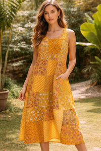 เดรสผ้าฝ้ายปะติดปะต่อแขนกุดสำหรับผู้หญิง สีเหลือง คอเสื้อทำมือ สไตล์โบฮีเมียน ชุดลำลองฤดูร้อน ไซส์เดียว - Product Image 2