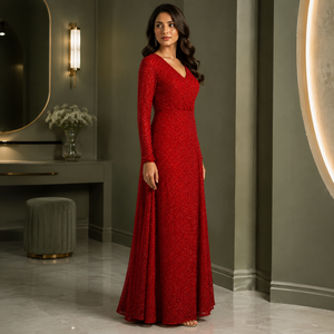 Robe de soirée élégante rouge à paillettes |   Robe longue de soirée formelle à manches longues, col en V, coupe trapèze, style portefeuille, dos ouvert, pour femme - Product Image 3